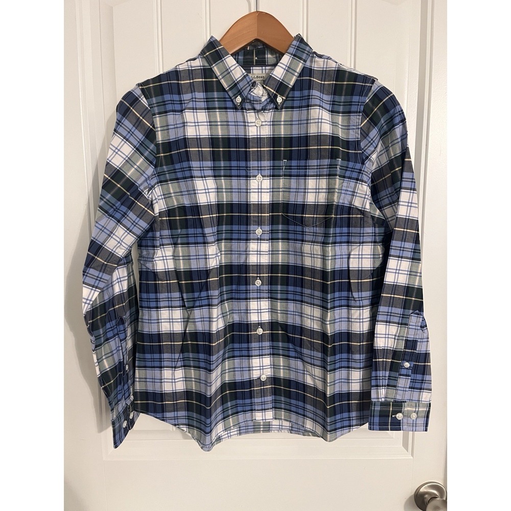 LL Bean Shirt Mens Small Regular Blue Plaid Button-Up Bright Navy‎ Long Sleeve